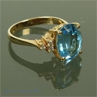14k Y. Gold Blue Topaz Diamond Ring Size 9