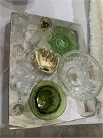 green hat glass vase, compote, glove, etc