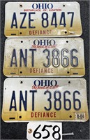 3 Defiance Ohio License Plates 2 Matching