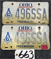 Matching Pair of Freemason Ohio License Plates