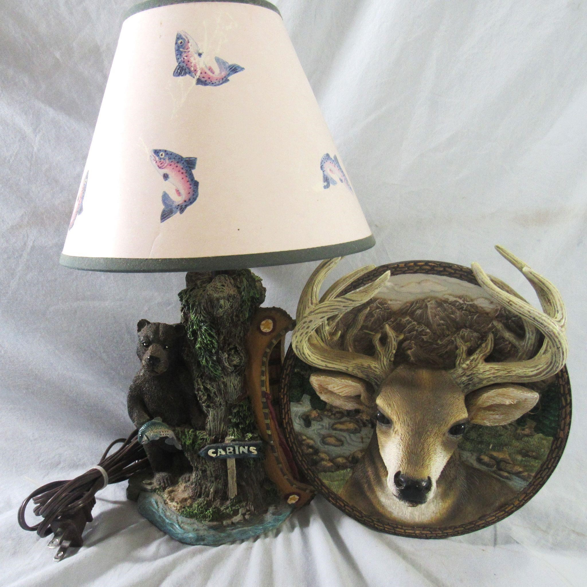 VINTAGE BLACK BEAR LAMP AND 3D DEER DECOR