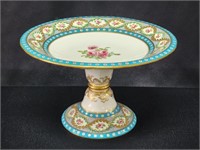 MINTON? TAZZA COMPOTE TURQUOISE FLOWER 6.25" TALL