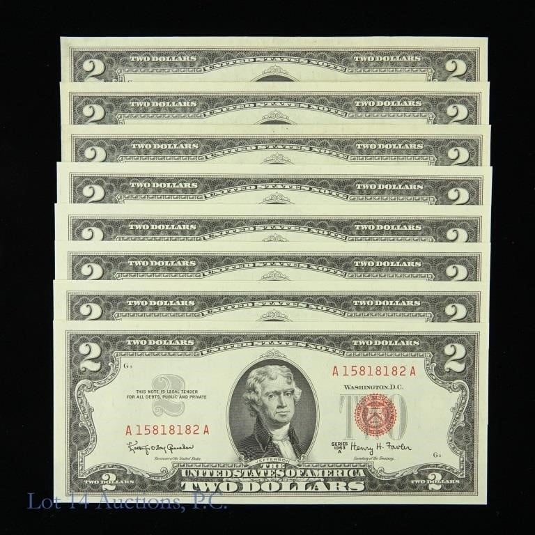 1963 & 1963 A $2 Red Seal Consecutive S/N (8)