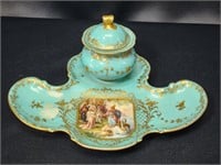 VINTAGE DRESDEN PORCELAIN INK WELL WITH TRAY