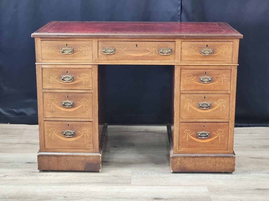 ANTIQUE PEDESTAL DESK WITH LEATHER INLAID TOP