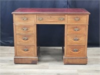 ANTIQUE PEDESTAL DESK WITH LEATHER INLAID TOP