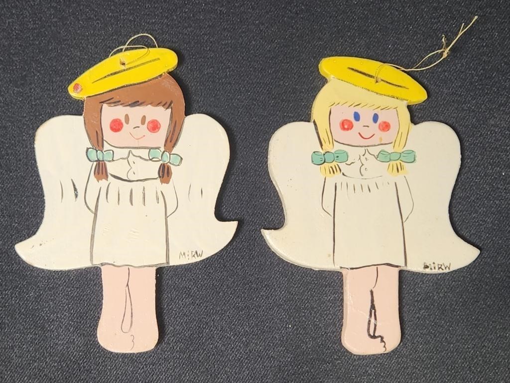 HAND-PAINTED WOODEN ANGEL ORNAMENTS VINTAGE