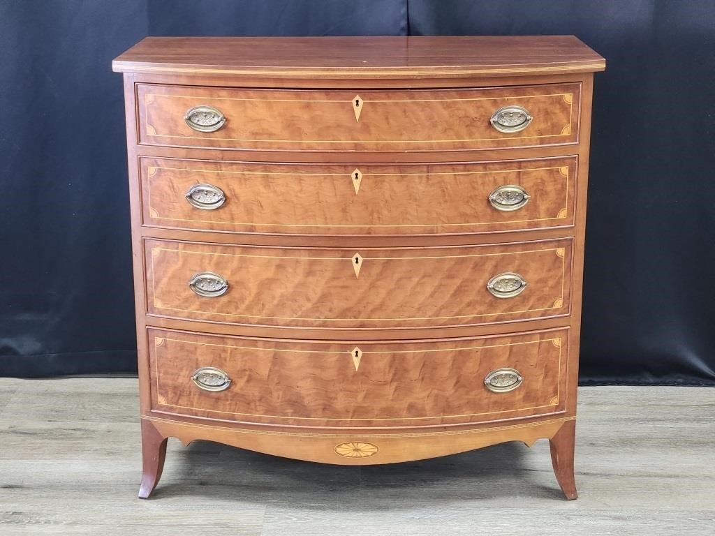 VINTAGE MARQUETRY BOW FRONT CHEST WITH 4 DRAWERS
