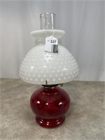 Vintage ruby red oil lamp base with white hobnail