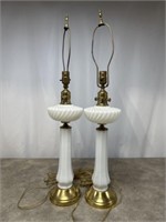 Pair of Antique brass and milk glass table lamps