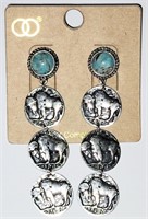Turquoise & Silver Buffalo Dangle Earrings-Beautif