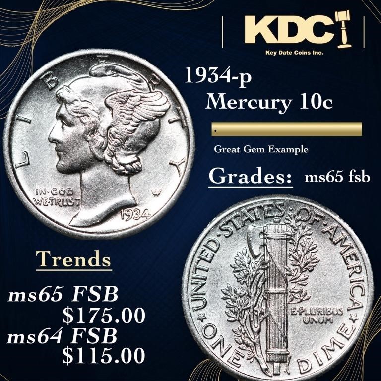 1934-p Mercury Dime 10c Grades GEM FSB