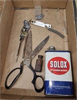 box of advertising, scissors & ect