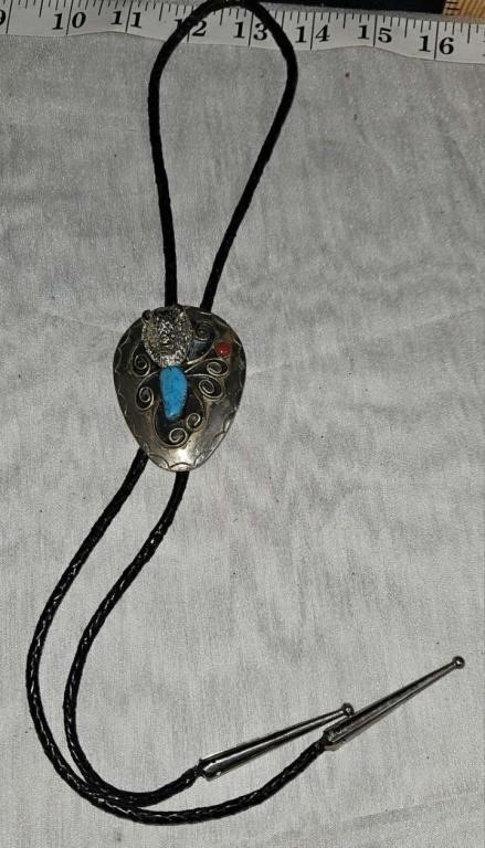 bolero tie silver with turquoise & coral