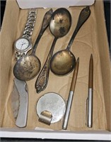 box lot of misc spoons,watches& etc