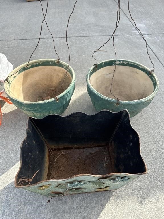 Two vintage clay hanging pots and a metal basket
