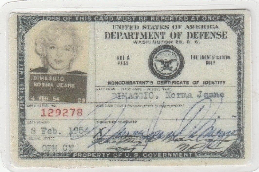 1954 Marilyn Monroe (DiMaggio) Military ID Card