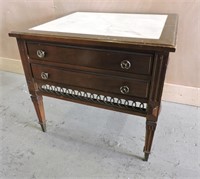 VINTAGE 2 DRAWER SIDE TABLE W/MARBLE INSERT