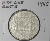 1945 Blunt 5 Canada Silver 50 Cents