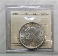 ICCS CAN Dollar 1937 MS-63  holder partly torn