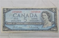 Canada $5 Banknote 1954 BC-39b Beattie