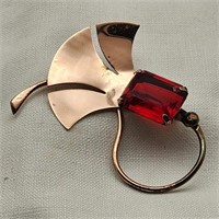 Deco Style Mexico Silver Brooch Red Stone