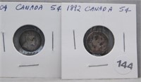 1892 and 1904 Canadian 5 Cents.