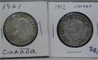 1942 and 1961 Canadian Silver Half Dollars.