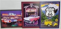 3 LITHOGRAPHED METAL CLASSIC CARS SIGNS 16X13