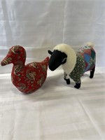 2 hand crafted stuffed lamb & duck 13" & 14"