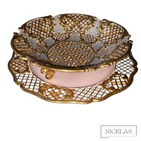 ornate pink and gold antique plate and bowl