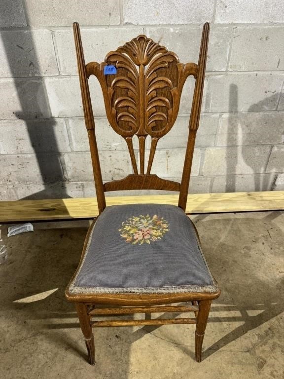 Antique Needlepoint Oak Straight Back Chair