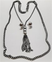 SILVER TONE & BLACK CHAIN NECKLACE & EARRINGS