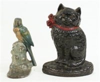 (2) Hubley Cast Iron Cat & Parrot Door Stops