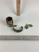 Mexican abalone cuff bracelet, earrings,