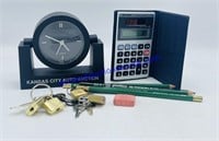 Small Clock, Calculator, Graphite Pencils & Small