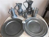 PEWTER PLATES, TUMBLERS, PITCHERS