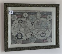 16X12.5 FRAMED OLD WORLD MAP LITHOGRAPH