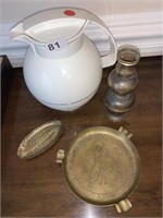 CARAFE AND BRASS ASHTRAYS, BRASS LAMP PART?