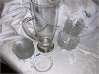 DESSERT DISHES, COASTERS, LARGE GLASS STEIN WITH
