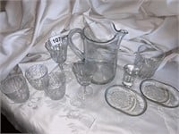 ETCHED GLASS PITCHER, CORDIALS, SHOT GLASS,