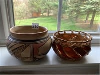 INDIAN POTTERY BOWL, WOVEN BASKET