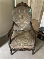 VINTAGE CARVED BACK ARMCHAIR 24" X 26" X 18"