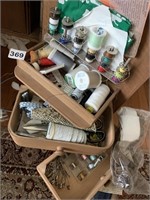 SEWING CABINET, THREAD, ETC.