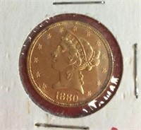 Rare MS63+ 1880 US $5.00 Gold Coin
