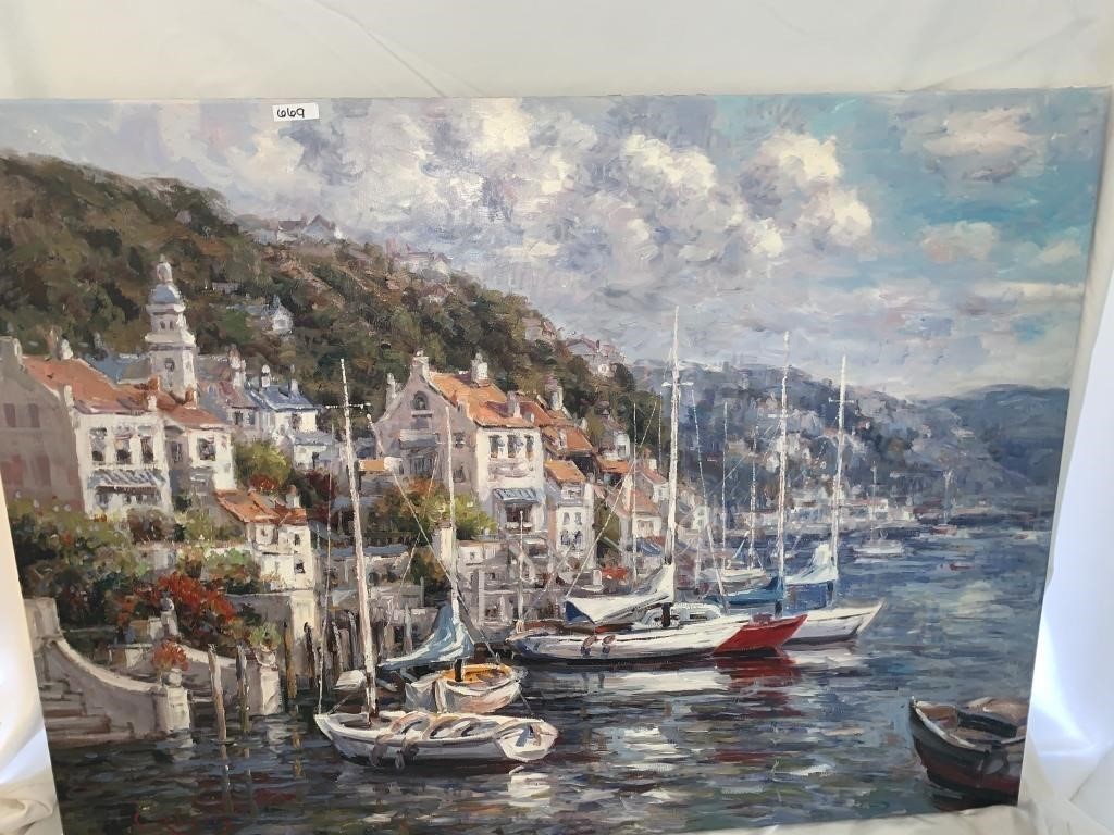 PAINTING OF HARBOR AND BOATS ON CANVAS, SIGNED AS
