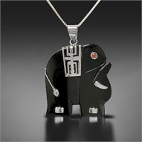 Elephant Carved Black Onyx Pendant Sterling