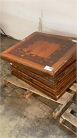 LOT: 6 WOOD INLAYED TABLE TOPS WITH BASE PARTS.