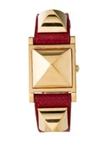 18k Gold-pl. Hermes Medor Red Leather Watch 23mm