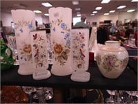 Two pairs of vintage white satin glass vases